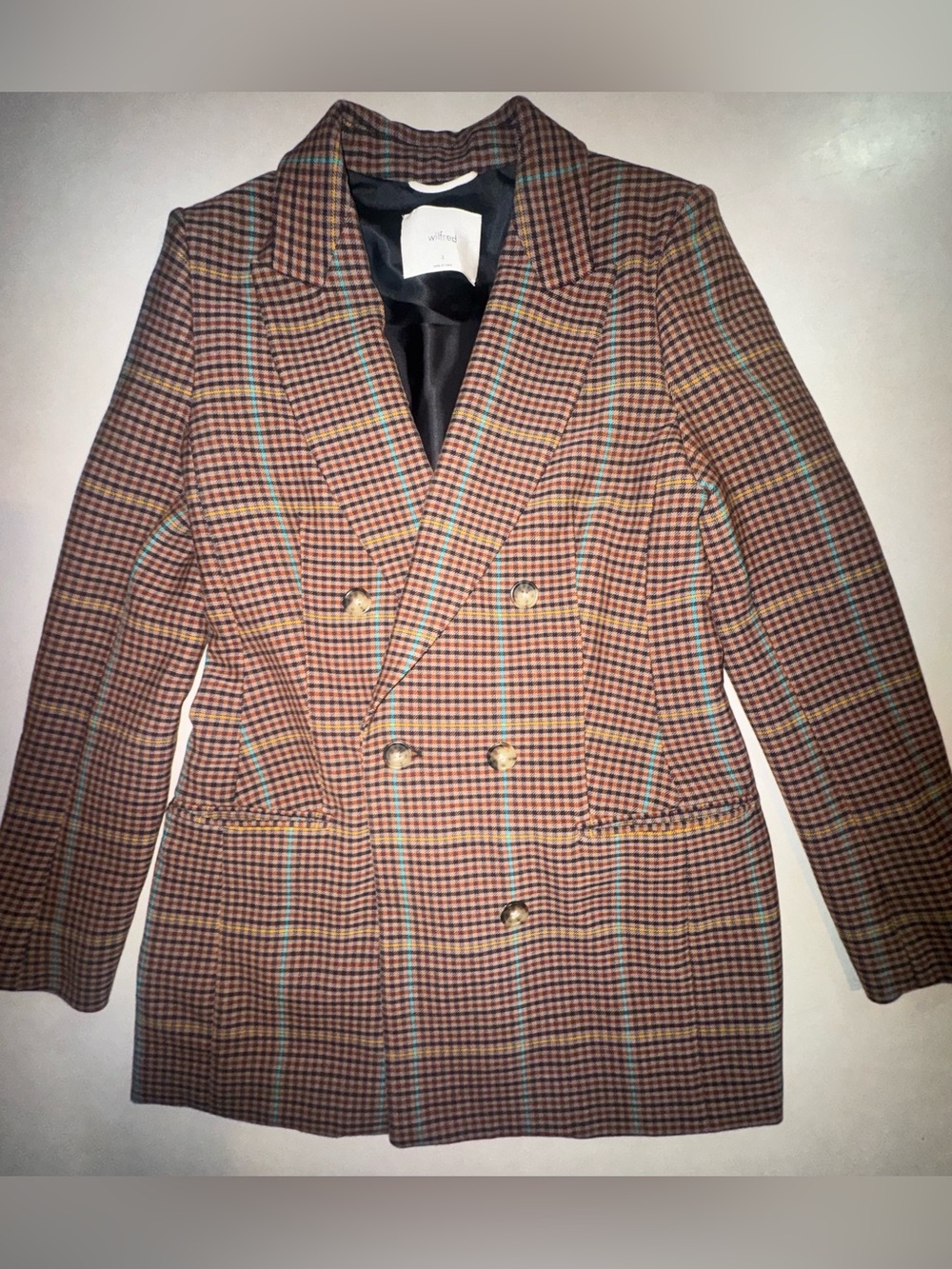 Aritzia Wilfred Margaux Longline Double Breasted Blazer Brown Plaid 90s Size 4